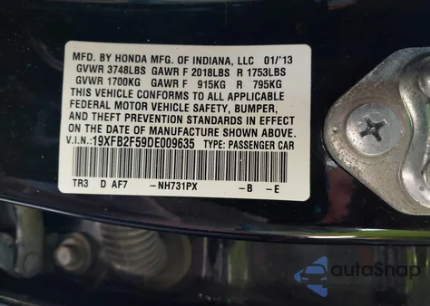 2013 Honda Civic Lx from USA, damaged, VIN 19XFB2F59DE009635